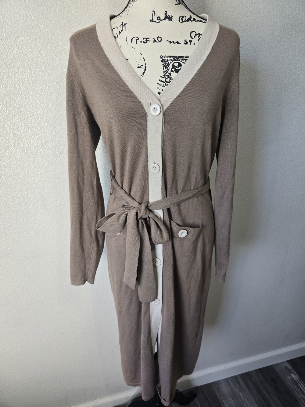 CAbi Women's Small Genteel Cardigan Belted Long Knit Taupe Sweater 6161